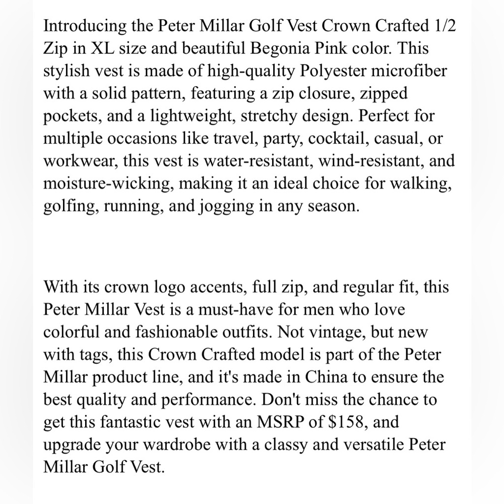 Peter Millar Golf Vest Crown Crafted 1/4 Zip XL Begonia Pink Polyester Spandex - Picture 7 of 7